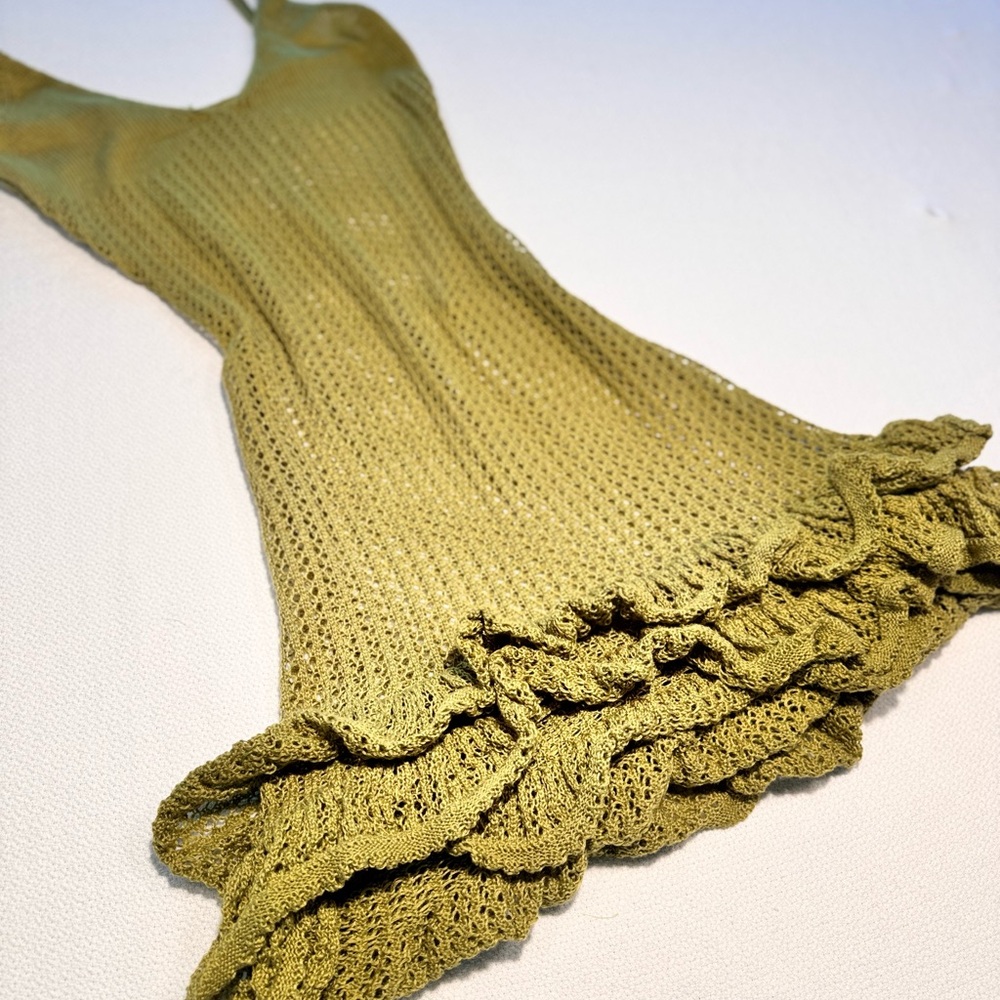 Green Knit Dress or cover up with Ruffle Hem